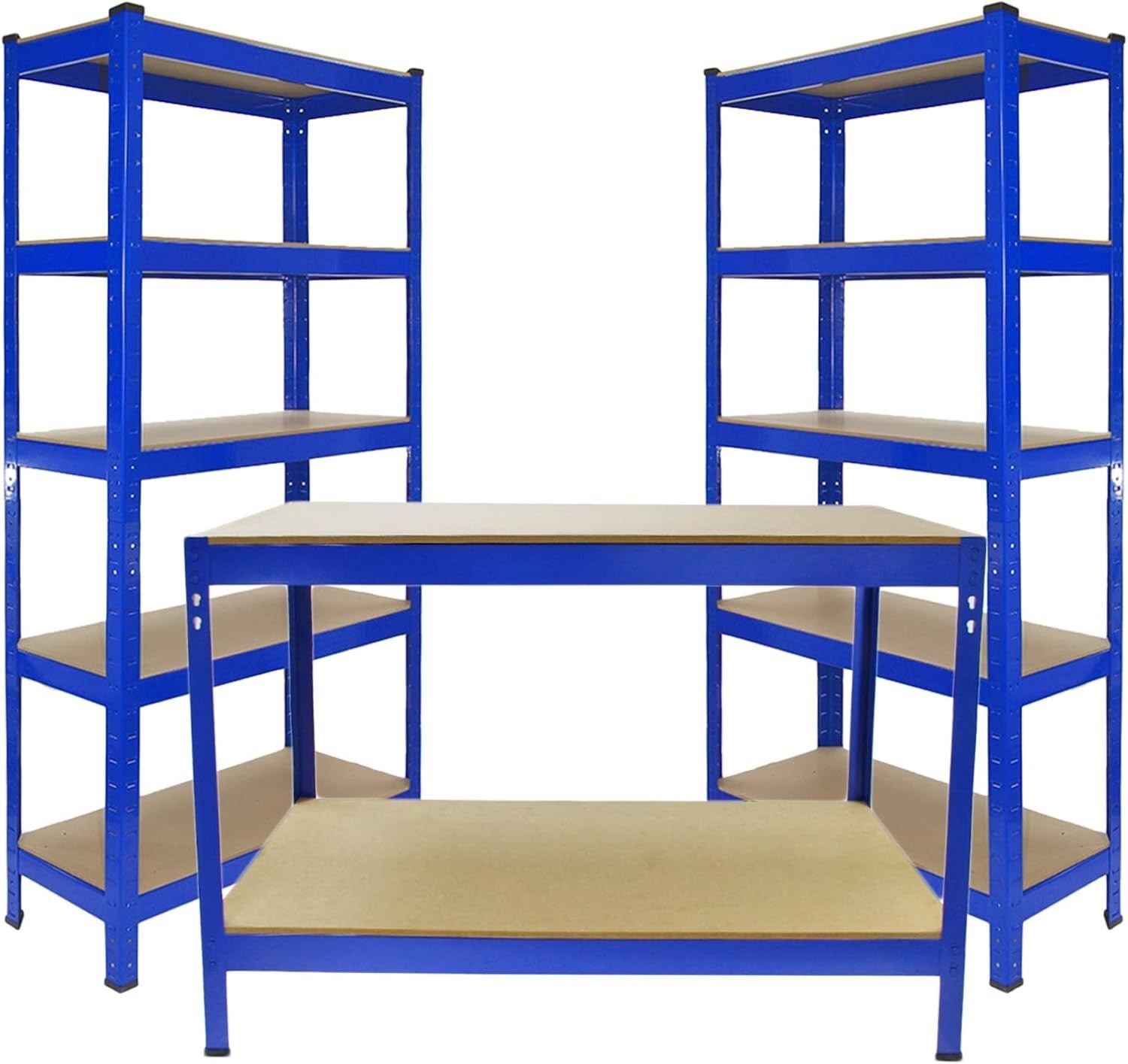 2 T-Rax Heavy Duty Shelving Units + 120cm Workbench Blue Garage Storage Set