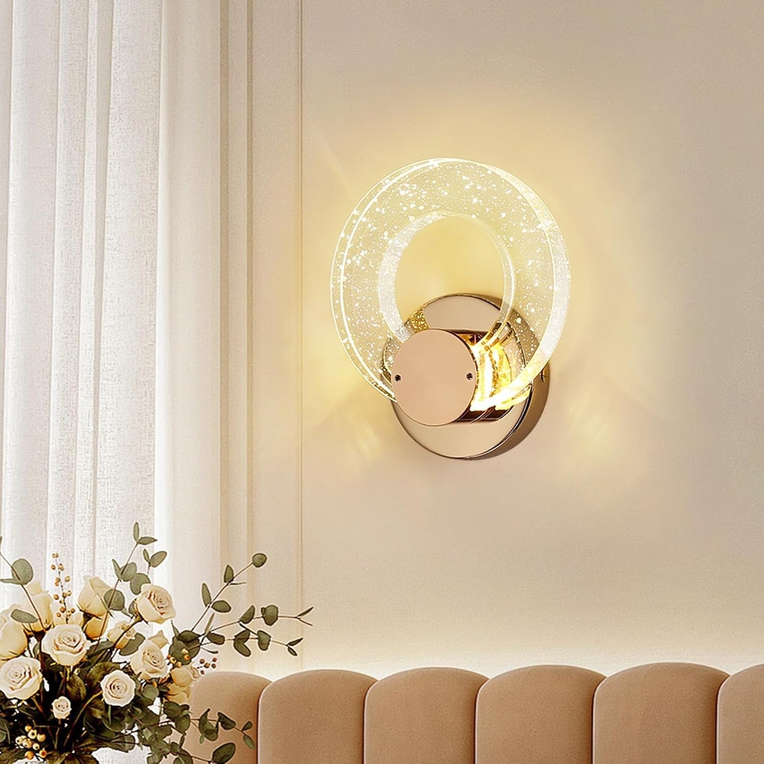 Gold Crystal Wall Lamp LED Sconce 12W Tri-Color Light Modern Round Fixture