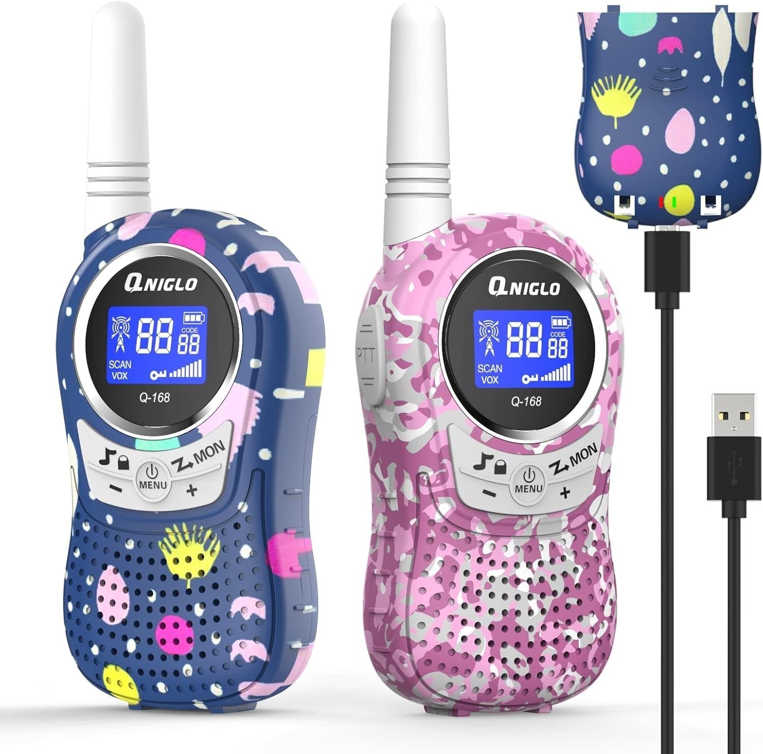 Kids Rechargeable Walkie Talkies Long Range VOX PMR 8 Channel Pink Blue