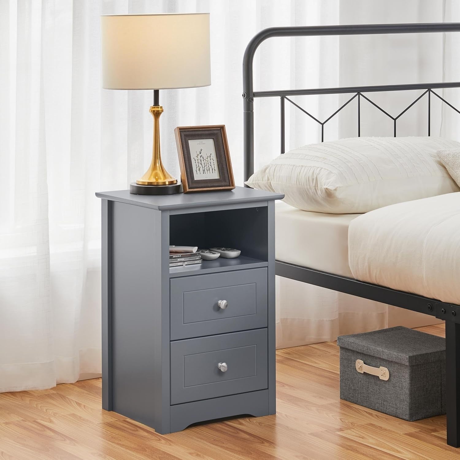 Dark Grey Bedside Table with Drawers & Open Shelf – Modern Wooden Nightstand