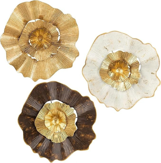 12" Gold Metal Flower Wall Décor Pack of 3 Modern Wall Art Accent