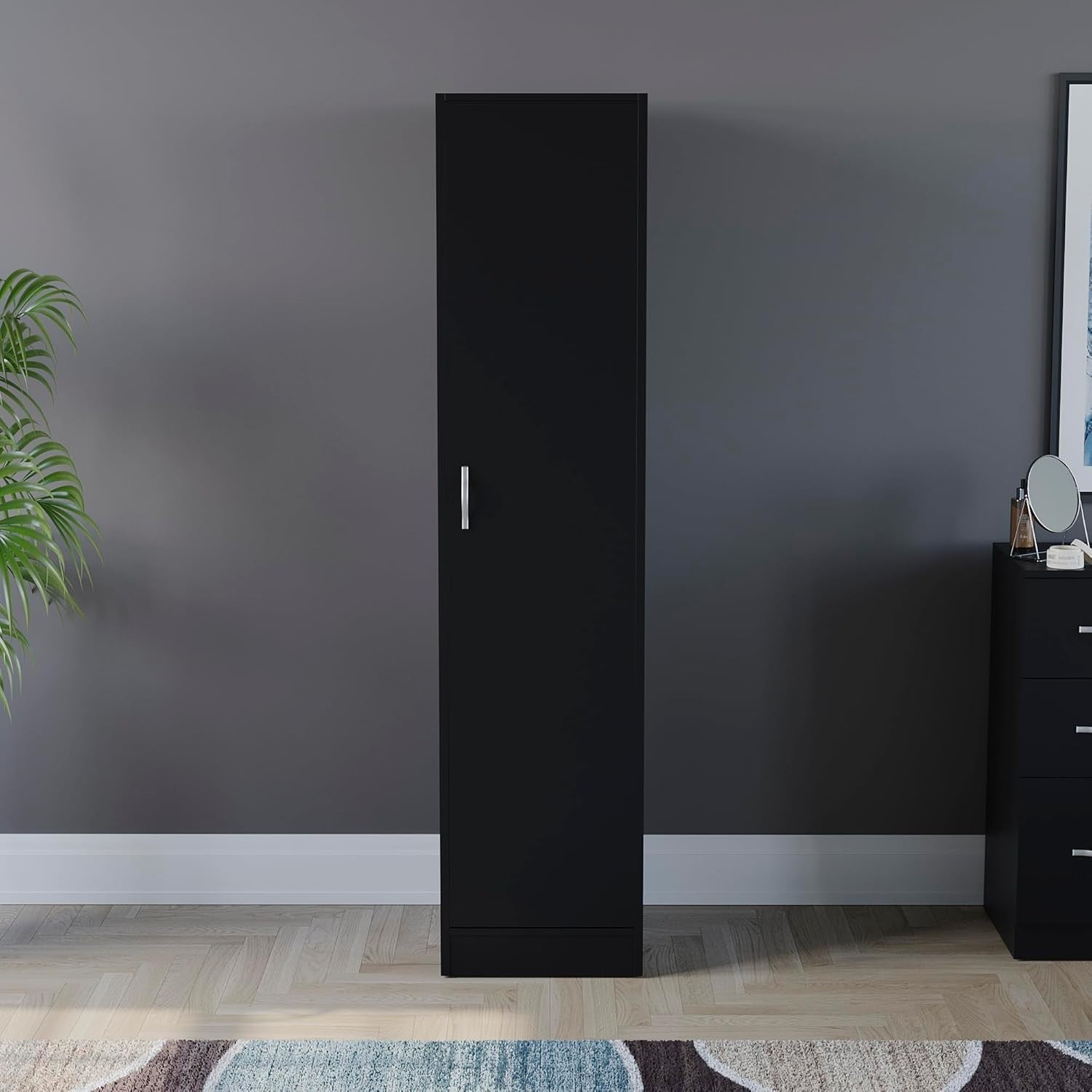 Black 1 Door Bedroom Wardrobe with Shelf & Hanging Rail Storage Unit