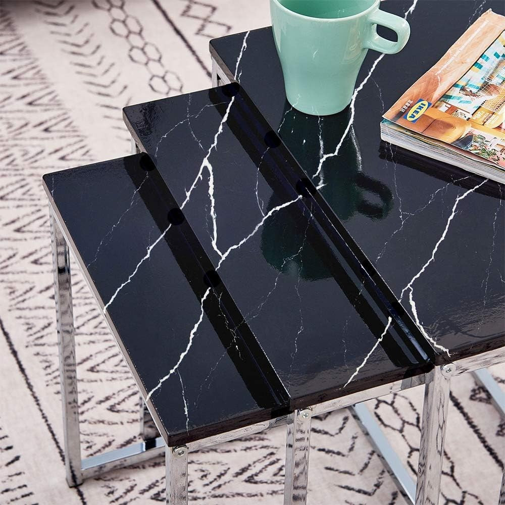 Modern Square End Table Black Marble Look Top Metal Legs Nightstand Accent