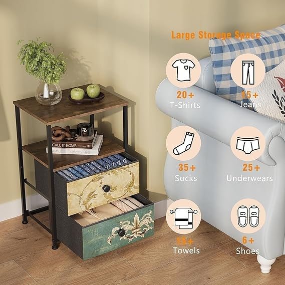 Vintage 2-Piece Bedside Tables with Drawers & Open Shelves, Rustic Storage Units