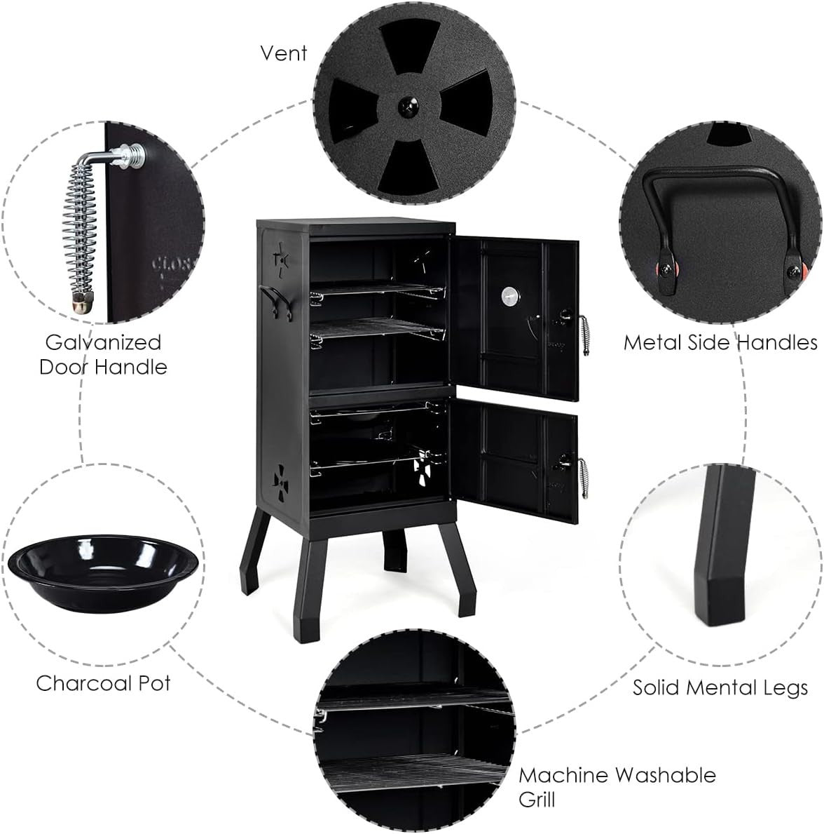 Charcoal BBQ Smoker Grill with Thermometer 2 Door Outdoor Roaster Cooking Oven
