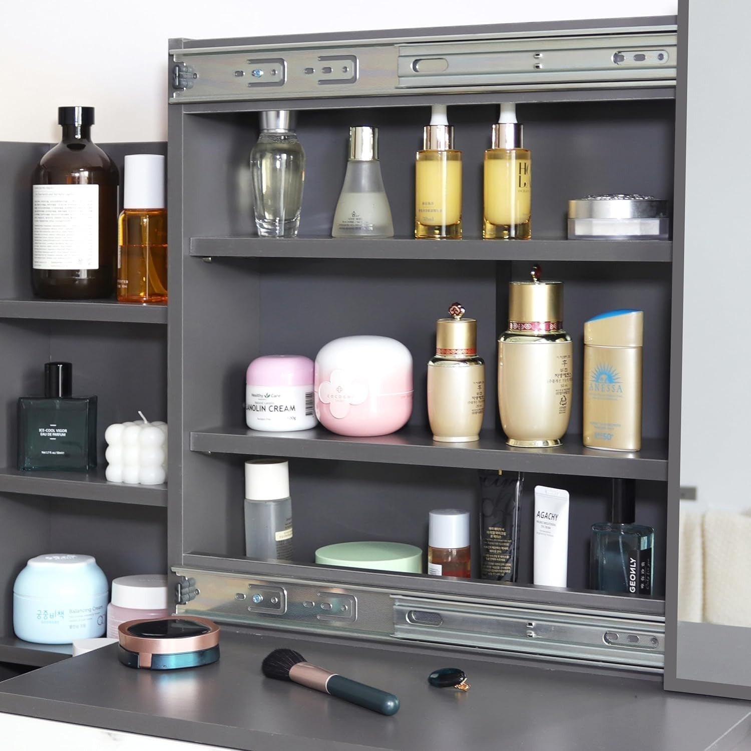 Vanity Makeup Dressing Table Mirror Hidden Storage 4 Drawer Dark Grey White