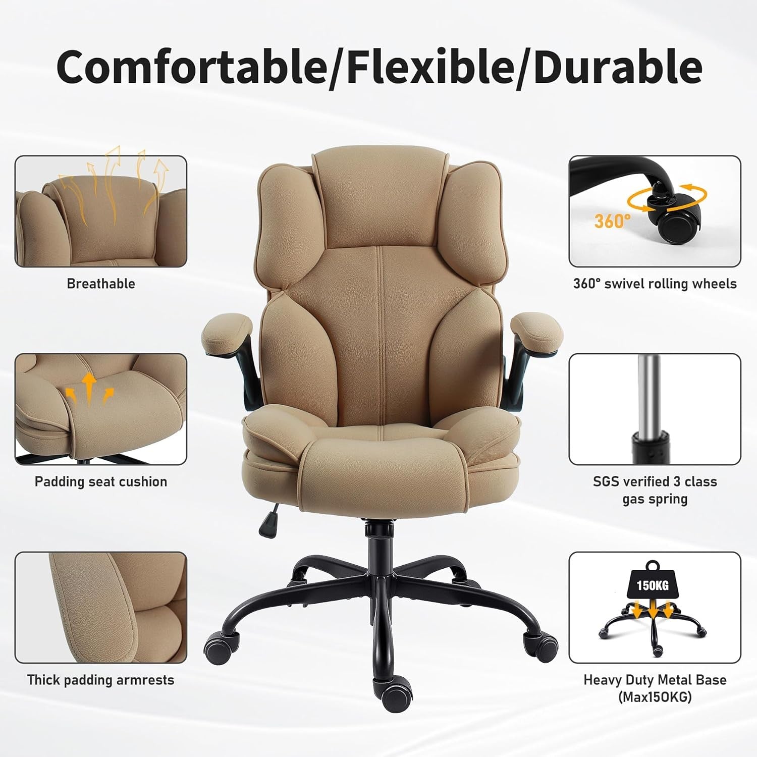 Ergonomic Office Chair Fabric 90° Flip-Up Arms Beige