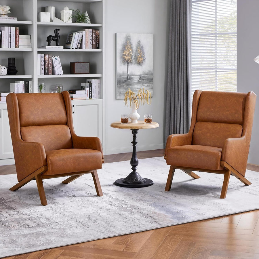2x Brown PU Leather Armchairs High Back Lounge Chairs for Home Office