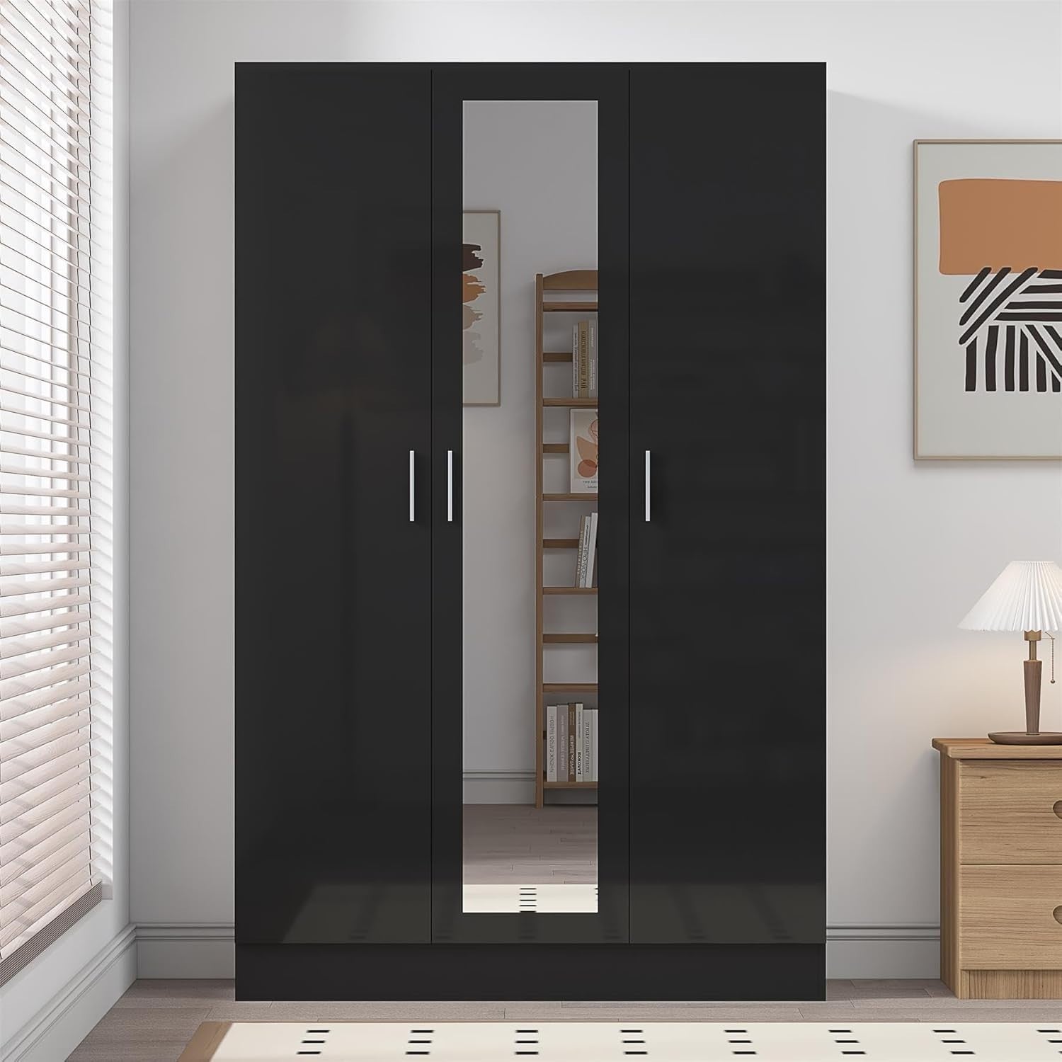 3 Door Mirrored Wardrobe Black Gloss & Black Oak with Shelves & Hanging Rail