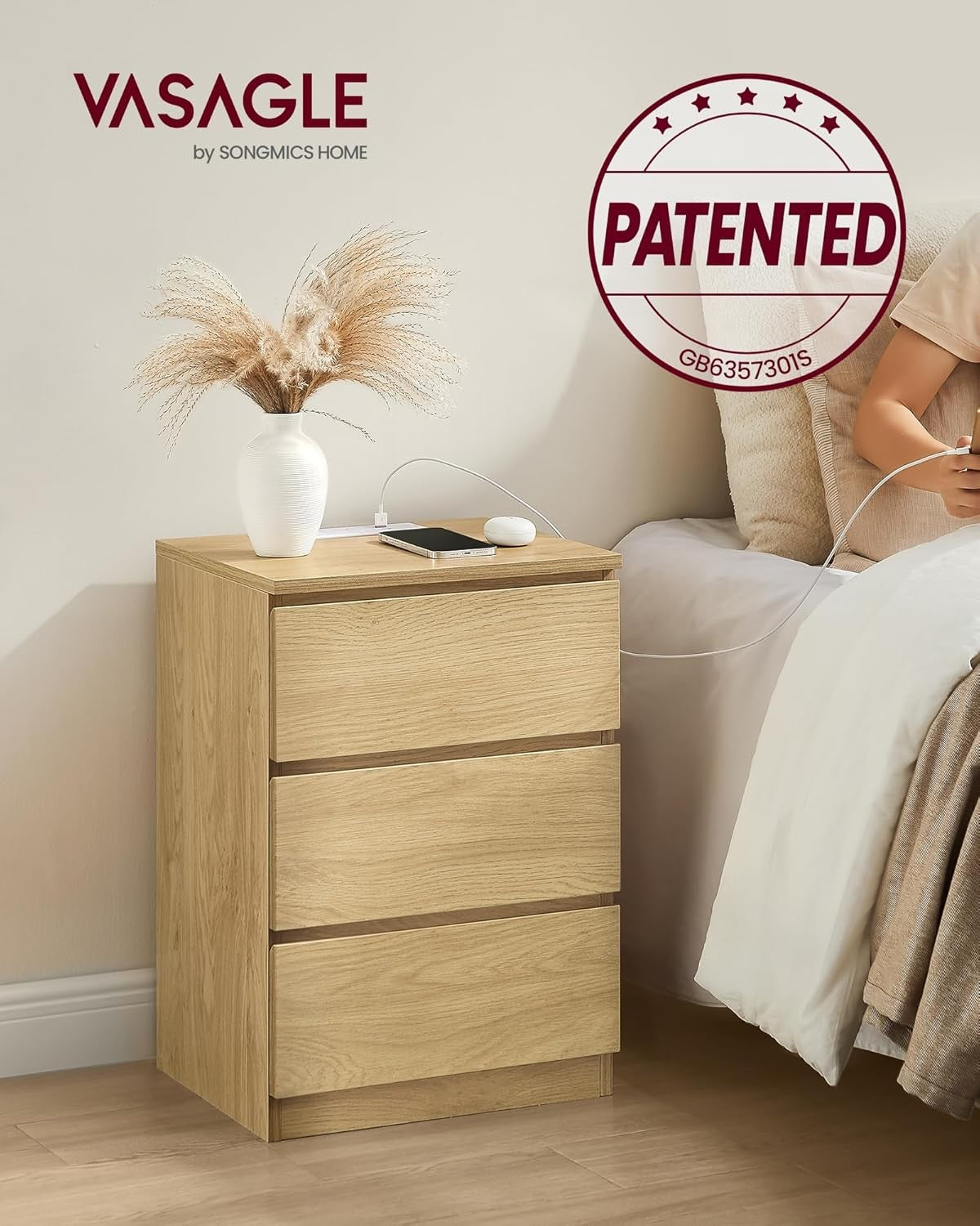 Oak Bedside Table with Charging Station, 3 Drawers, USB & AC Ports, Modern