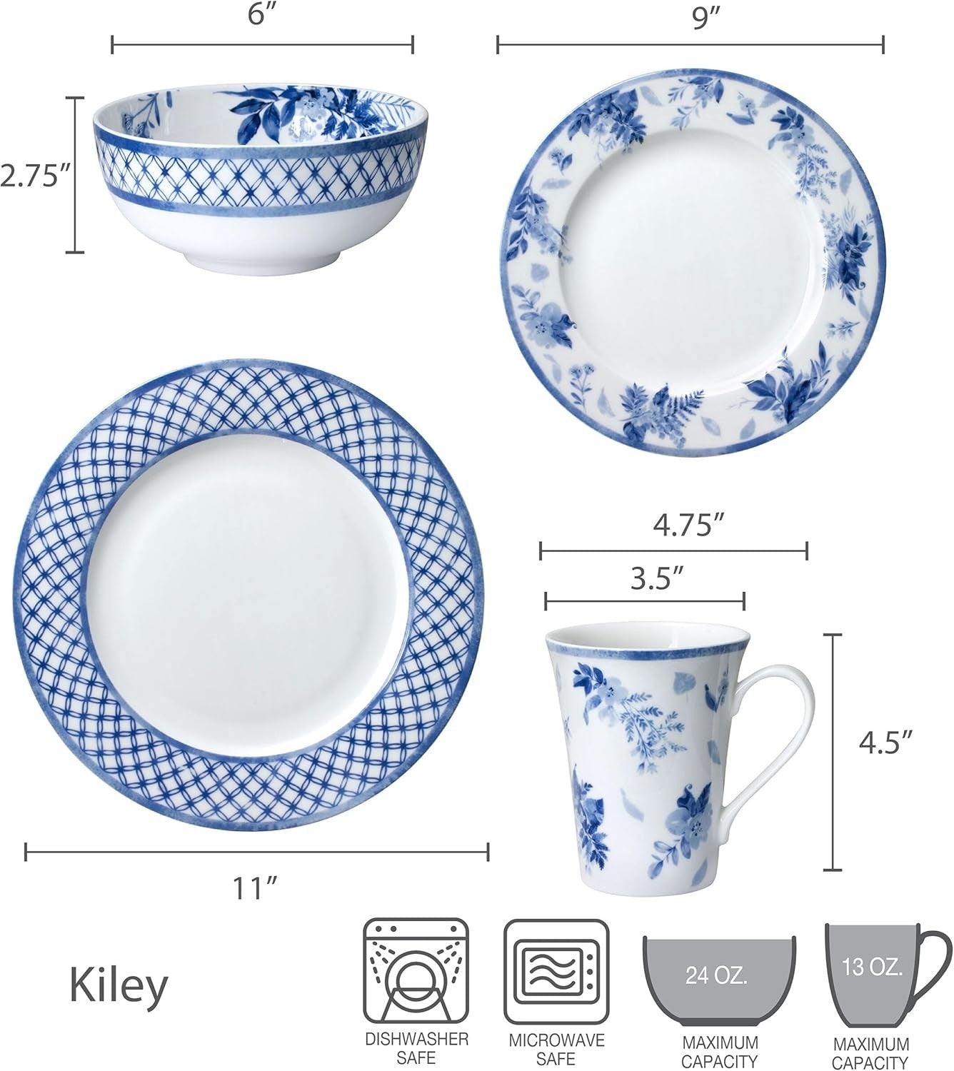 16pc Bone China Dinnerware Set Blue White Plates Bowls Mugs Chip Resistant
