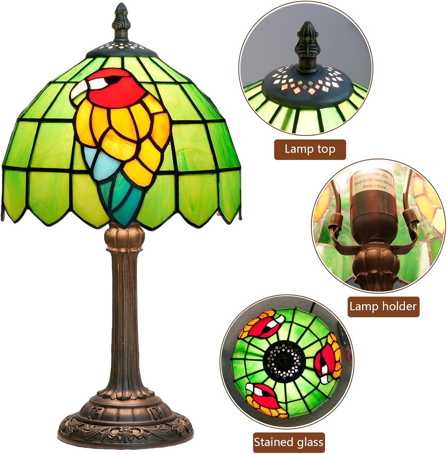 Tiffany Style Parrot Table Lamp Green Glass Bedside Desk Light Retro