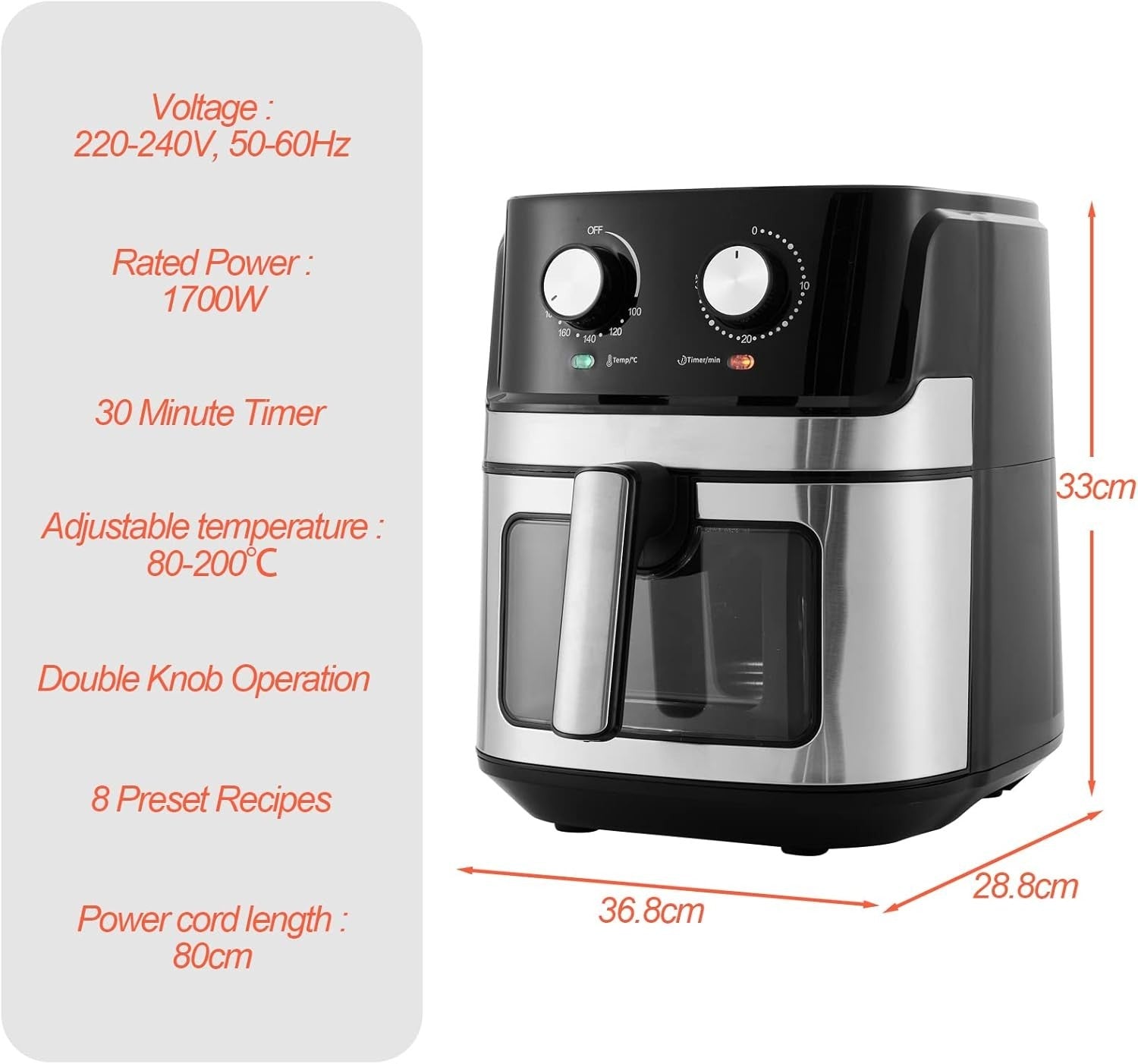 6.5L Air Fryer 1700W Rapid Air Dual Knob Window Non Stick Basket