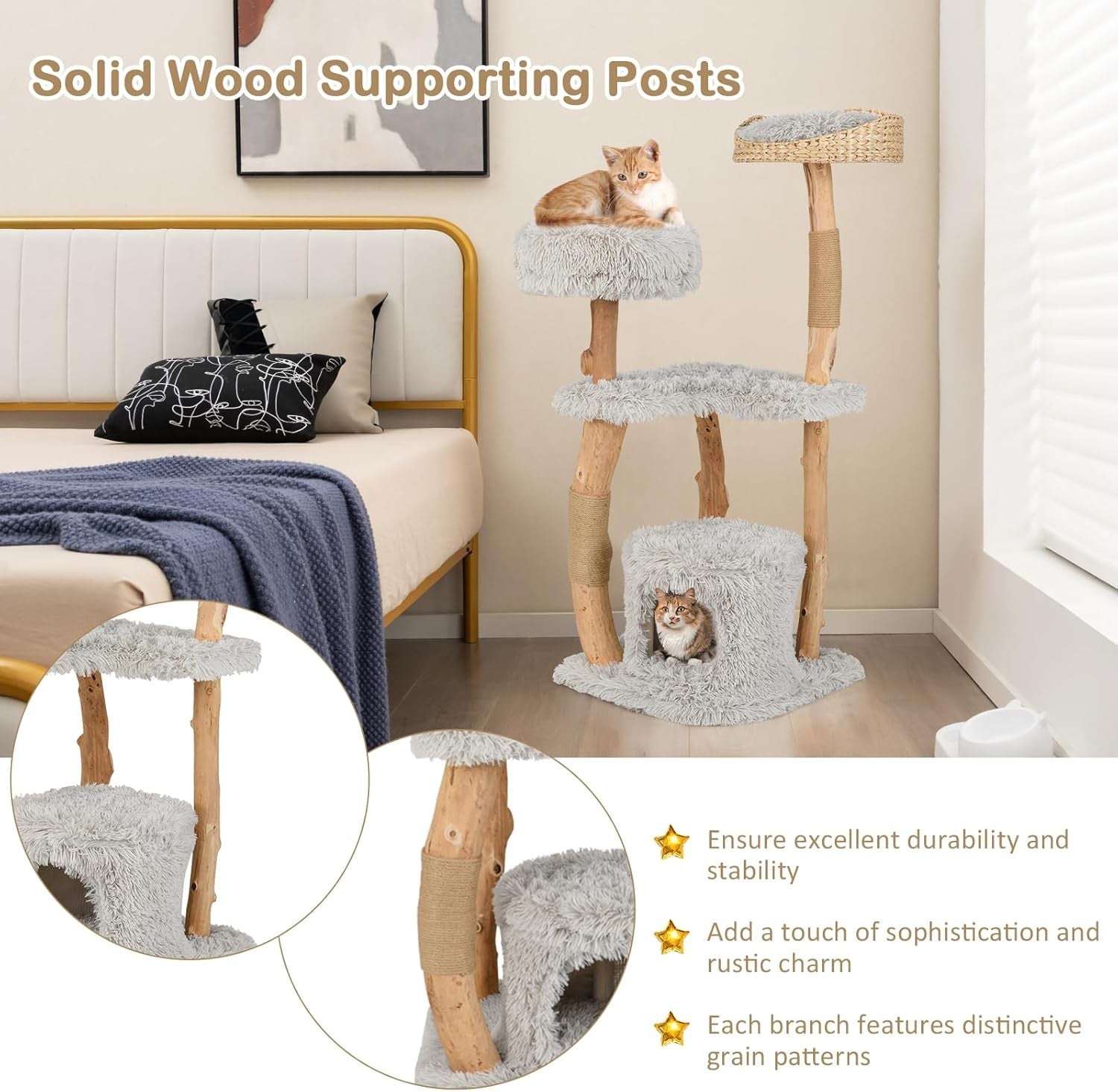 124cm Wooden Cat Tree Multi Level Tower with Jute Scratching & Plush Perch