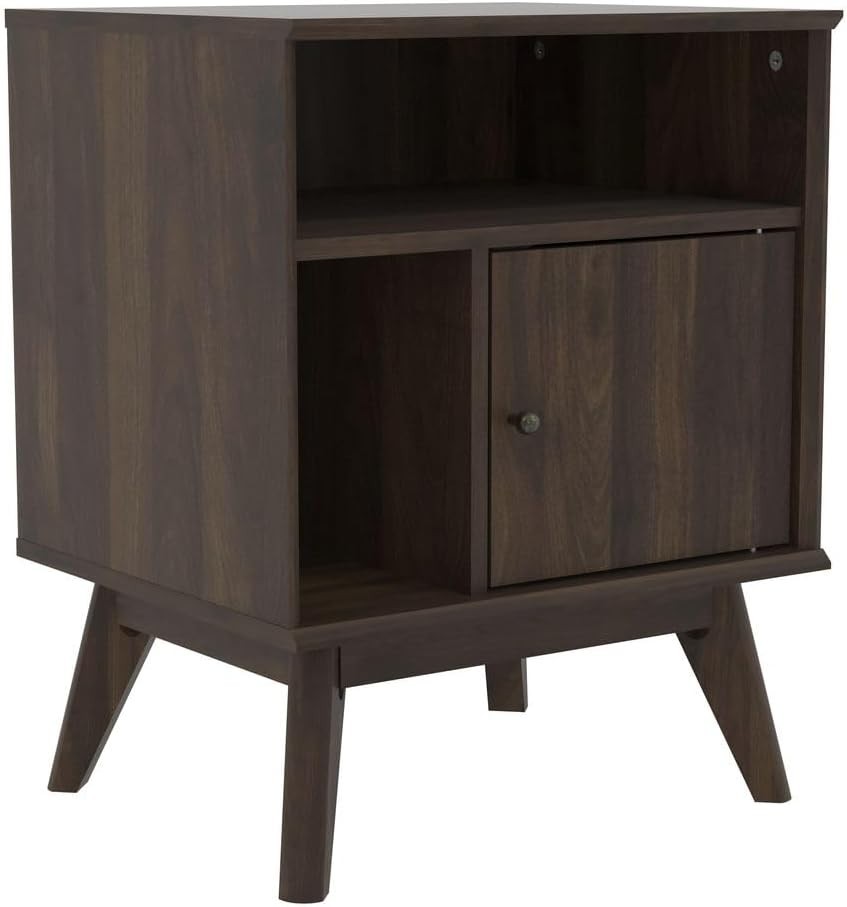 Modern Walnut Bedside Table with Drawer & Open Shelf – Slim Wooden Side Table