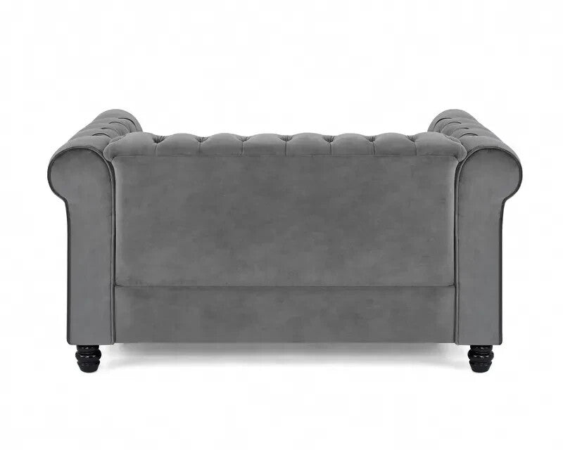 2 Seater Grey Chesterfield Sofa | Velvet Scroll Arm Studded Button Sofa UK