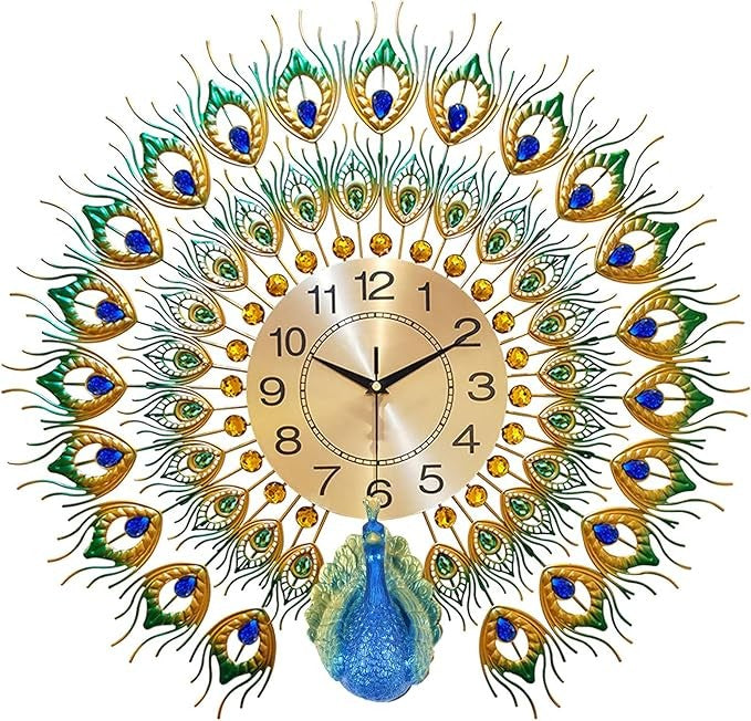 Luxury Peacock Wall Clock 60cm Diamond Decor Large Silent Metal Home Art