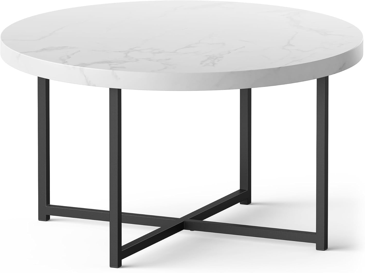 Round Marble Look Coffee Table 80cm White Grey PVC Top with Black Metal Legs