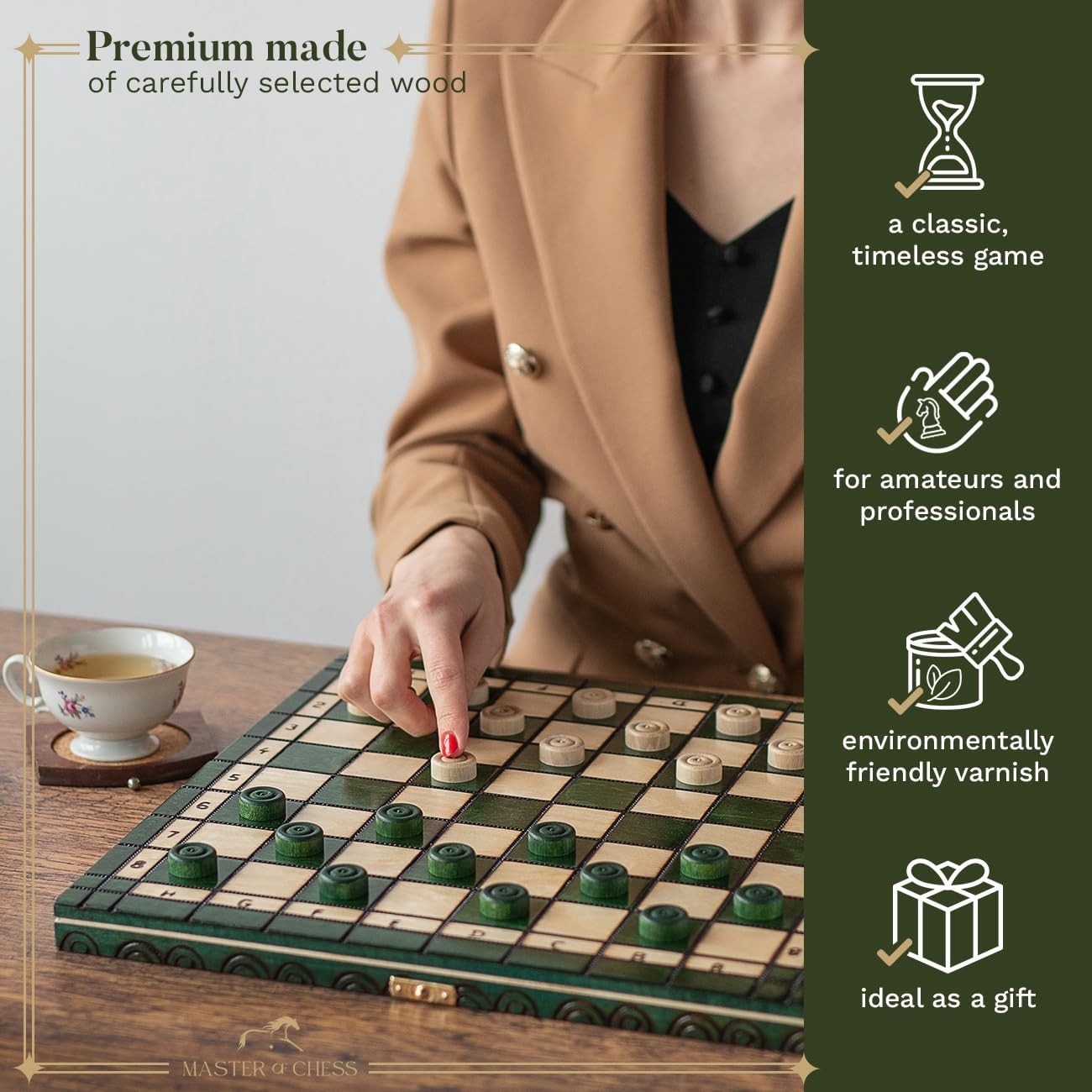 Luxury 35cm Wooden Chess & Draughts Set | Folding Board | Handmade Green Set