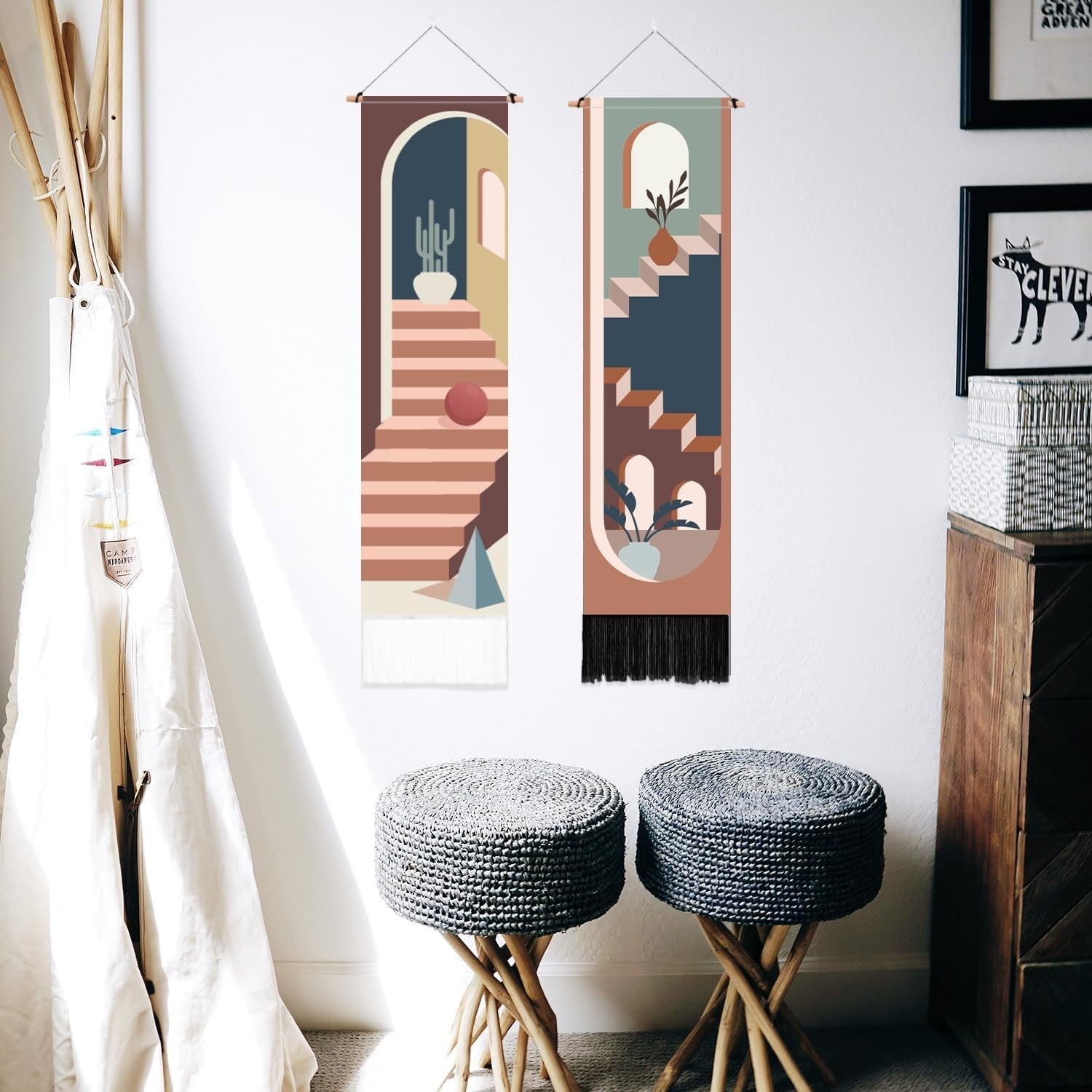 2 Pack Boho Vertical Wall Tapestry Abstract Stairs Decor
