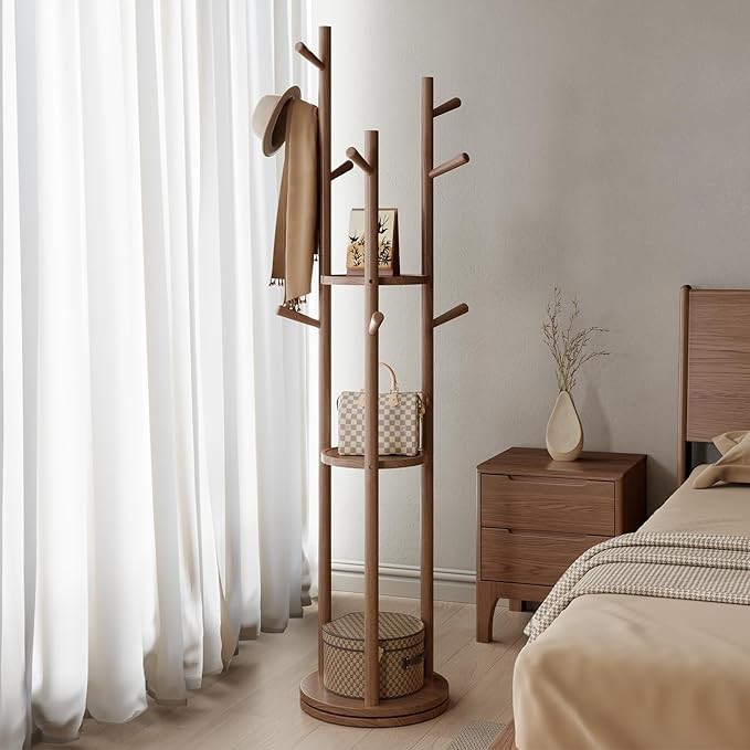 Walnut Wooden Coat Rack Stand with 3 Shelves | Rotating 9 Hooks Hall Tree