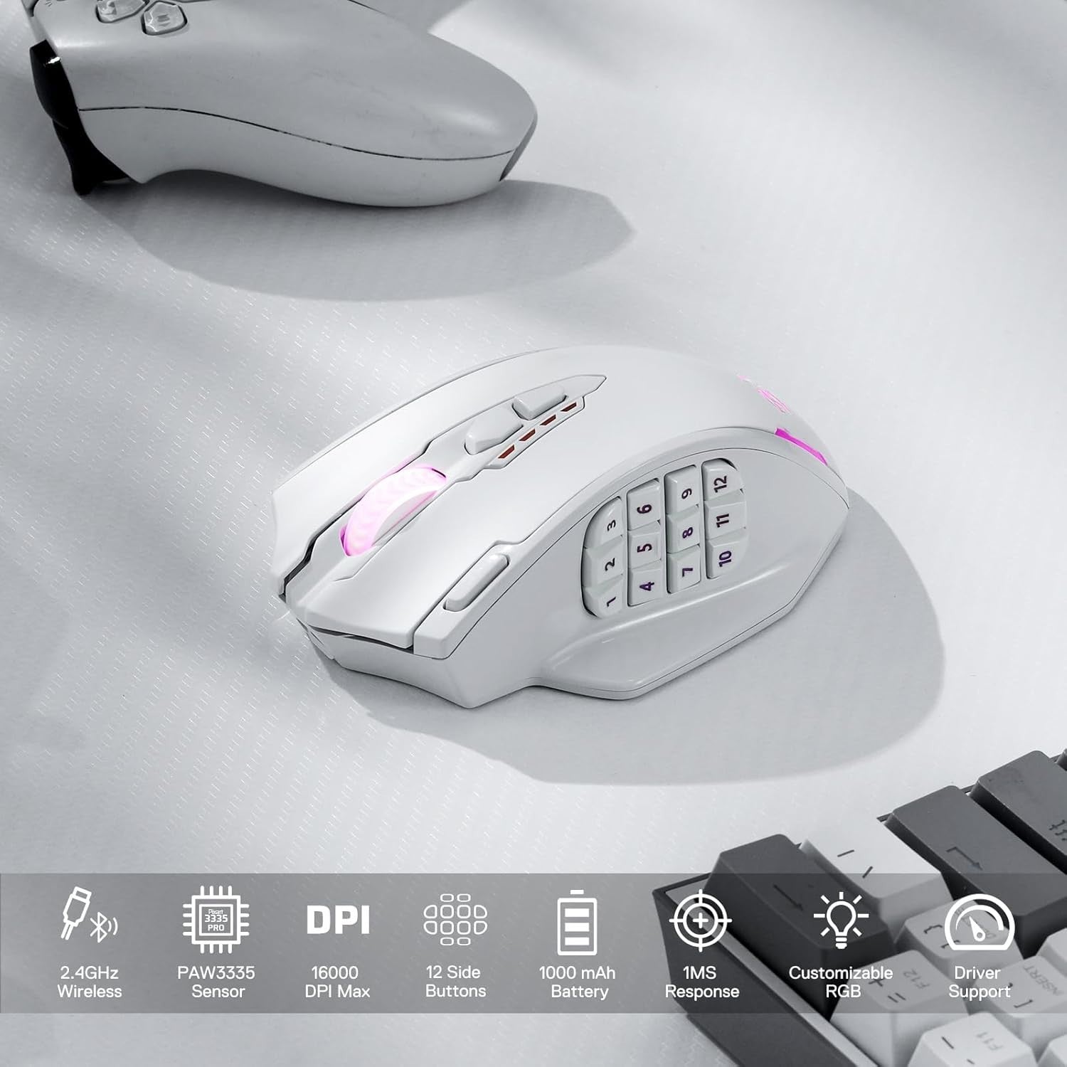 White Wireless Gaming Mouse 16000 DPI RGB MMO 16 Buttons Rechargeable