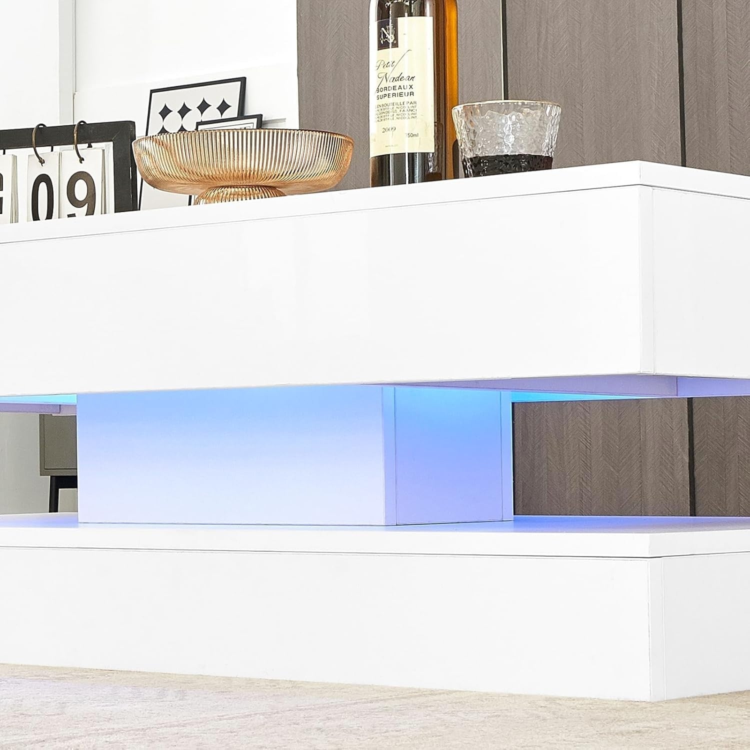 Modern White Coffee Table with LED Lights & 2 Drawers – Storage & Style