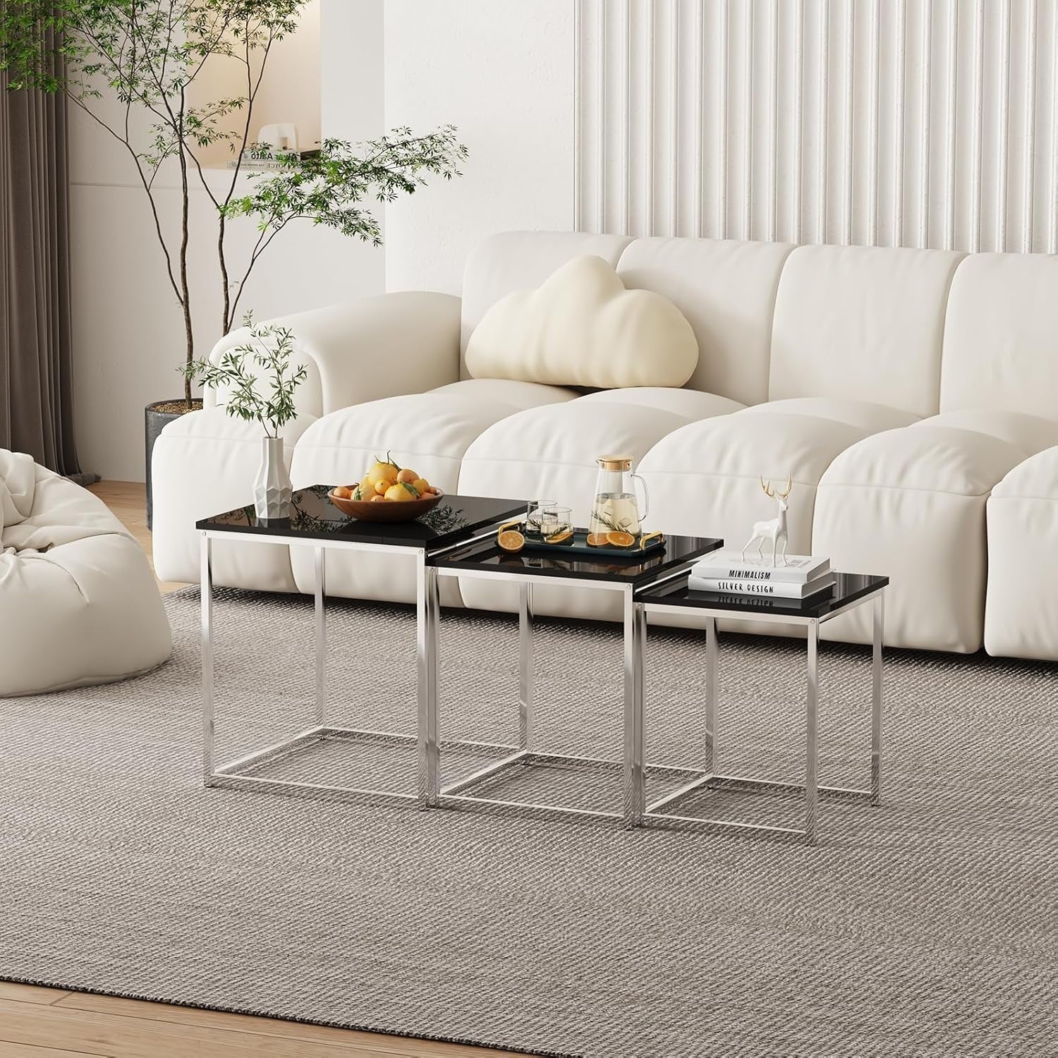 3 Pc Black Nesting Coffee Table Set Modern End Side Sofa Tables Space Saving