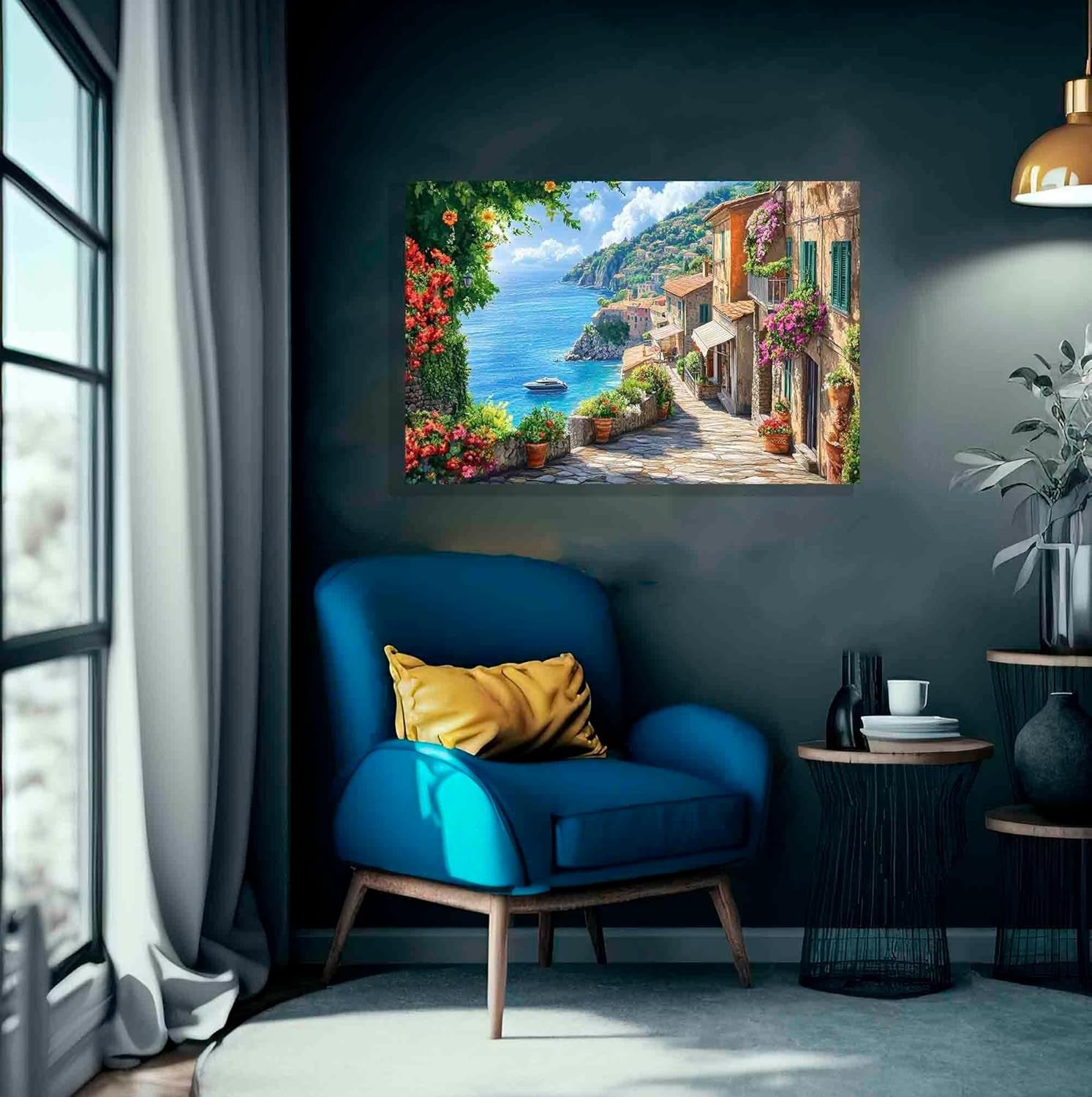 Mediterranean Seascape Canvas Wall Art Coastal Village Ocean View Print 24x16