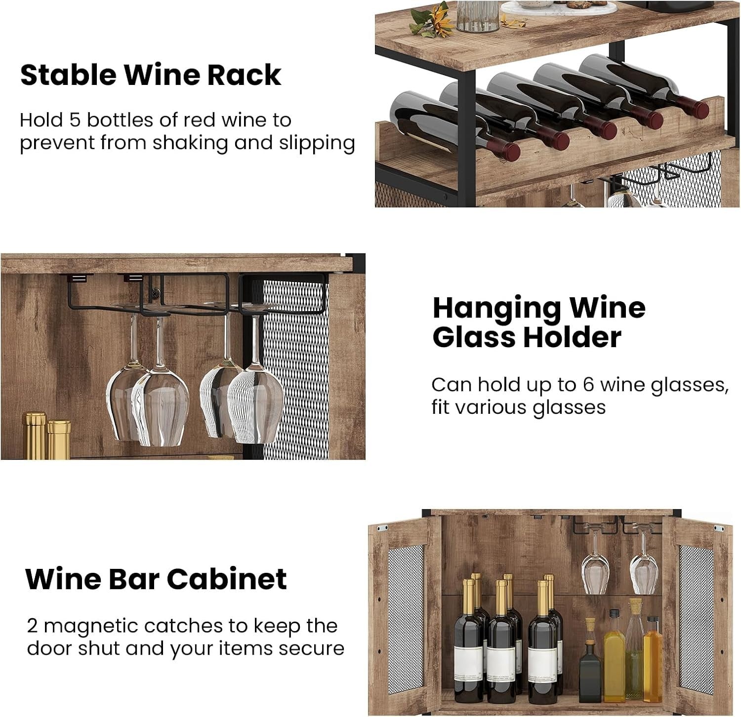 Industrial Wine Bar Cabinet with Wine Rack & Glass Holders Rustic Sideboard Grey