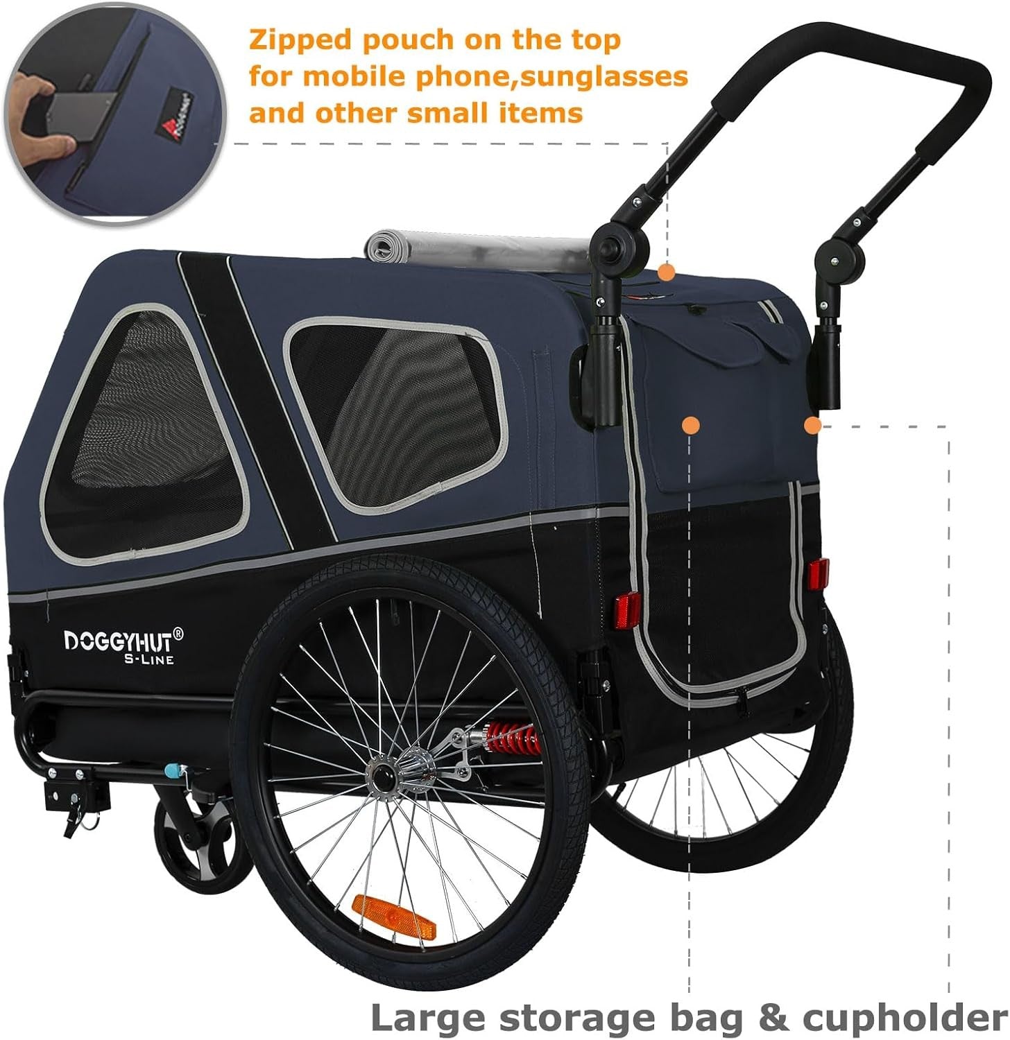 Dog Bike Trailer Stroller 45kg Folding Suspension Cart Blue Black with Brakes