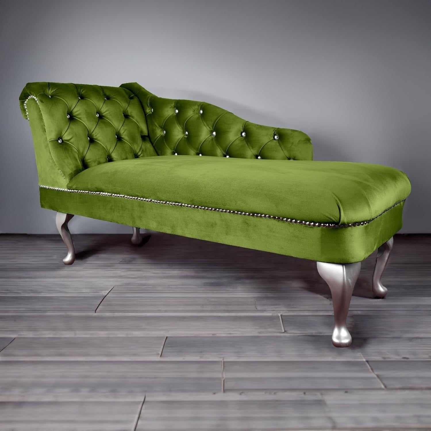Tufted Olive Velvet Chaise Lounge Sofa Left Hand – Handmade, Compact & Elegant