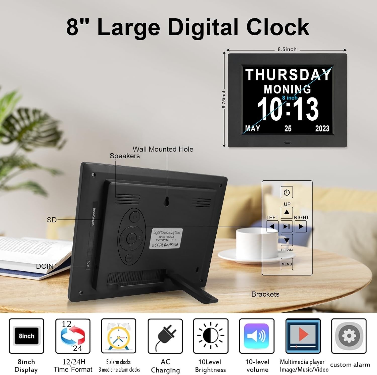 Digital Day Calendar Alarm Clock for Seniors Dementia Black Large Display