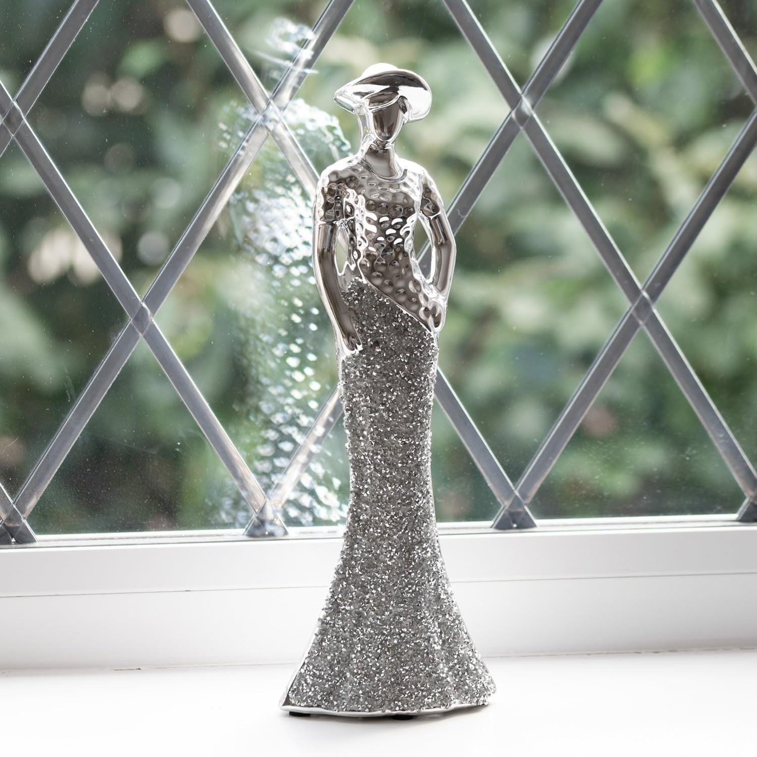 Elegant Silver Lady Figurine Set • Crushed Diamond Art Deco Ornaments
