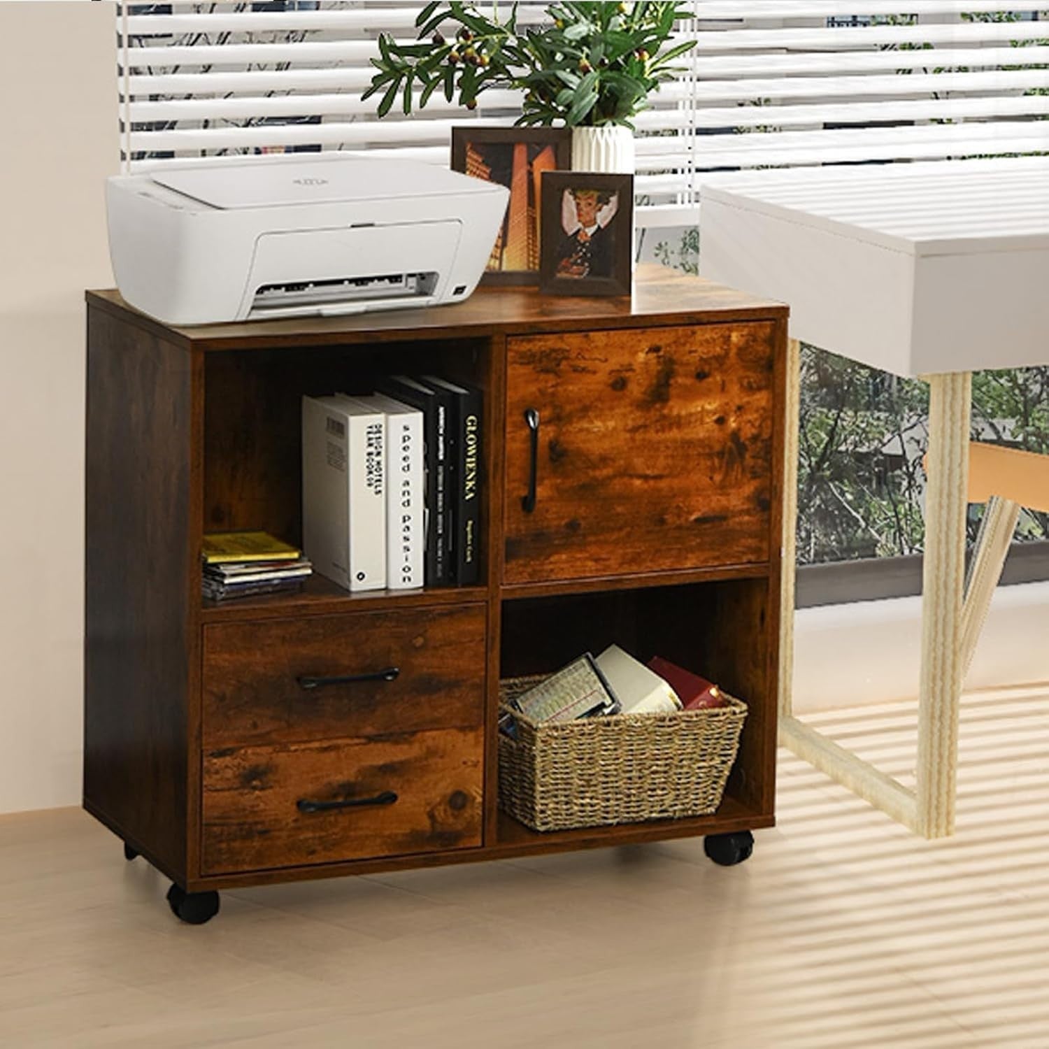 Rustic Brown Mobile File Cabinet 80cm Printer Stand Storage Unit