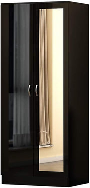 Black Gloss Mirrored 2-Door Wardrobe with Full-Length Mirror & Ample Storage