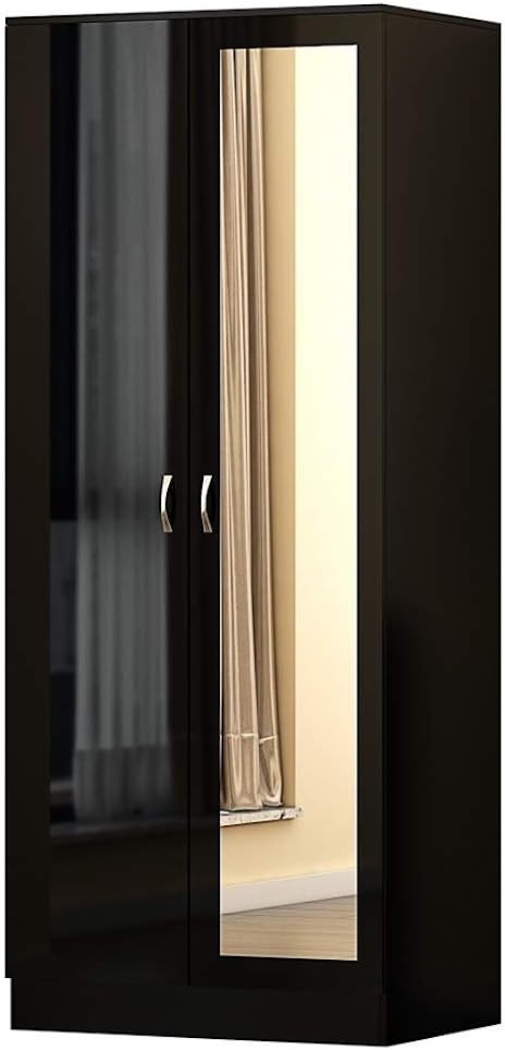 Black Gloss Mirrored 2-Door Wardrobe with Full-Length Mirror & Ample Storage