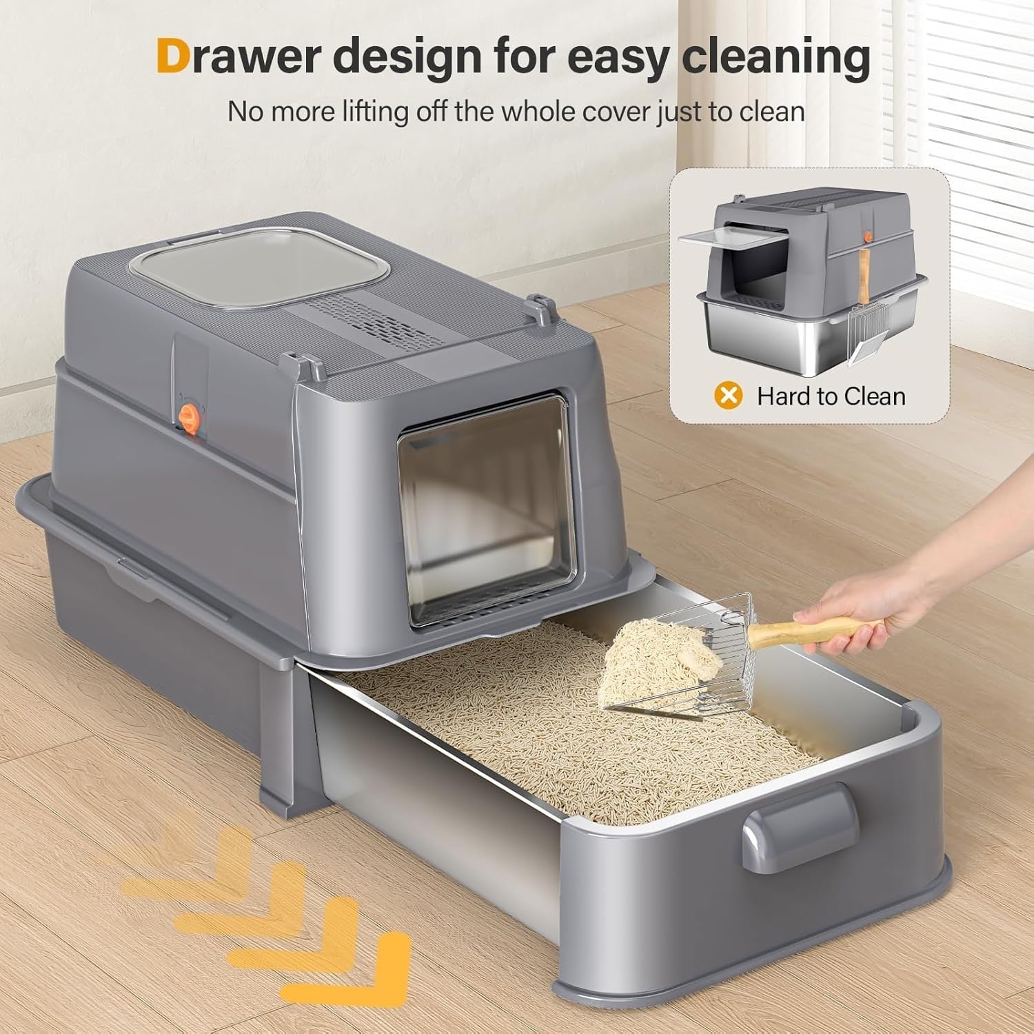XL Stainless Steel Cat Litter Box Drawer Tray Dual Entry Odor Control