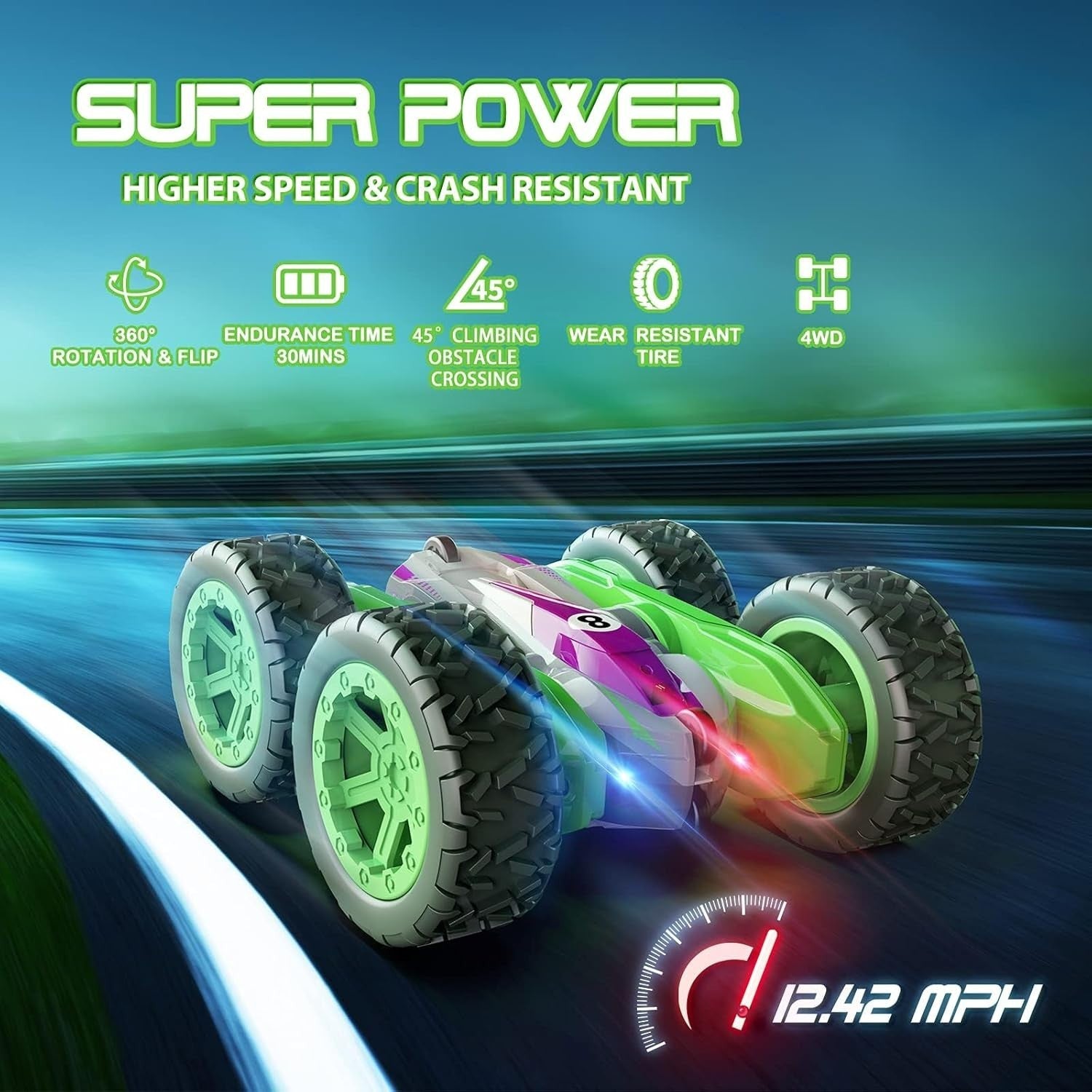4WD 360° Flip RC Car for Boys 3–10 – LED Stunt Car, Rechargeable Toy