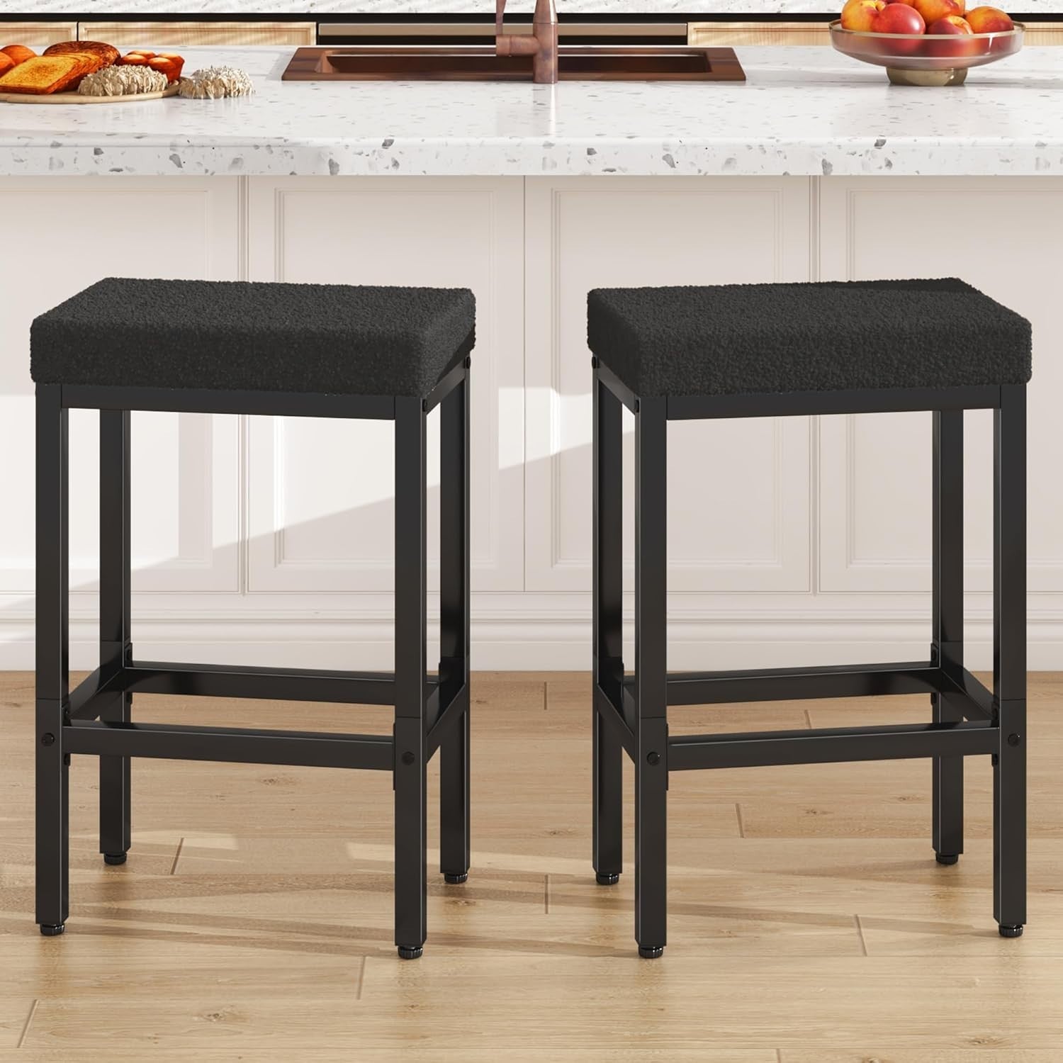 Black Bar Stools Set of 2 Counter Height Kitchen Chairs 66cm