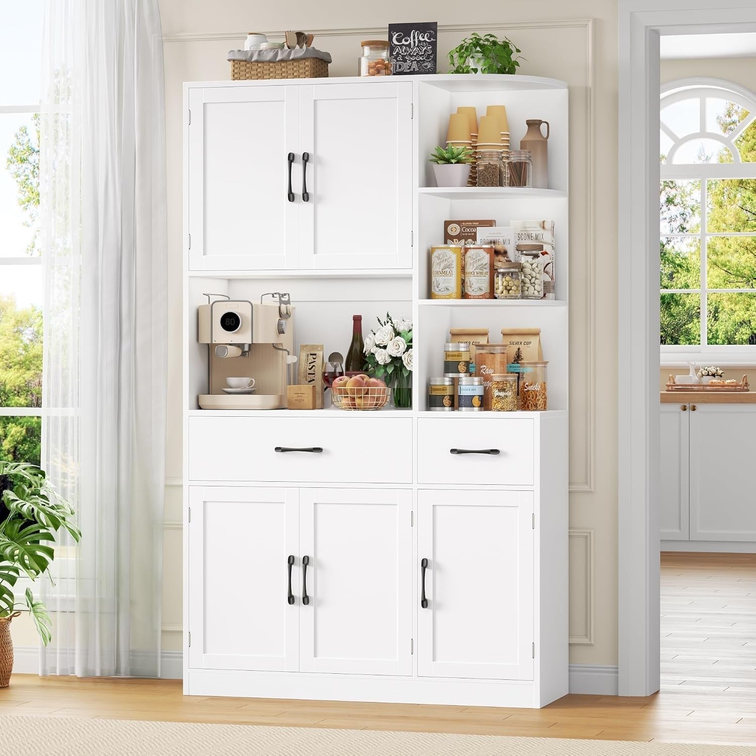 White 177cm Tall Kitchen Cupboard 5 Doors 2 Drawers Pantry Cabinet