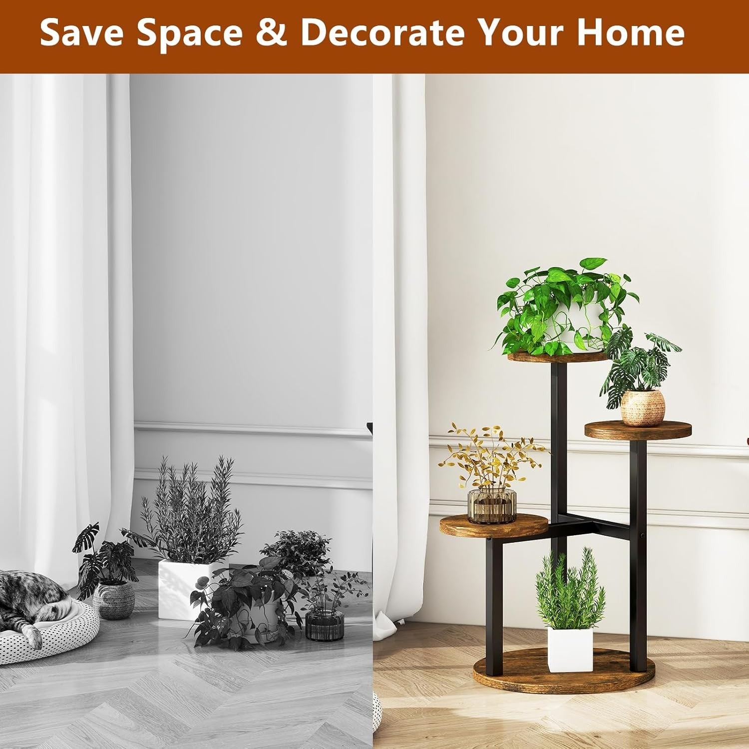 4 Tier Metal Wood Plant Stand Indoor | Rustic Brown Corner Flower Pot Shelf Rack