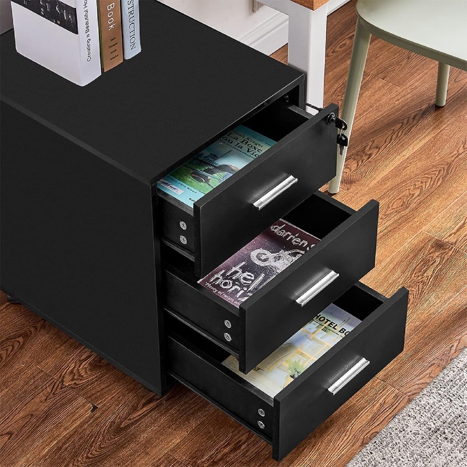 Black Locking Rolling Drawer Cabinet 3 Tier Under Desk File Storage