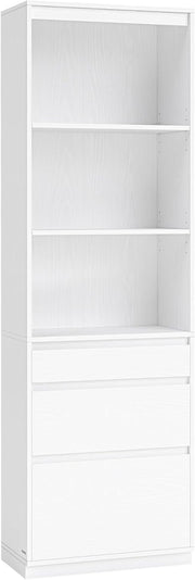 Tall White Bookcase with Drawers – Adjustable Shelves Modern 180cm Storage Unit