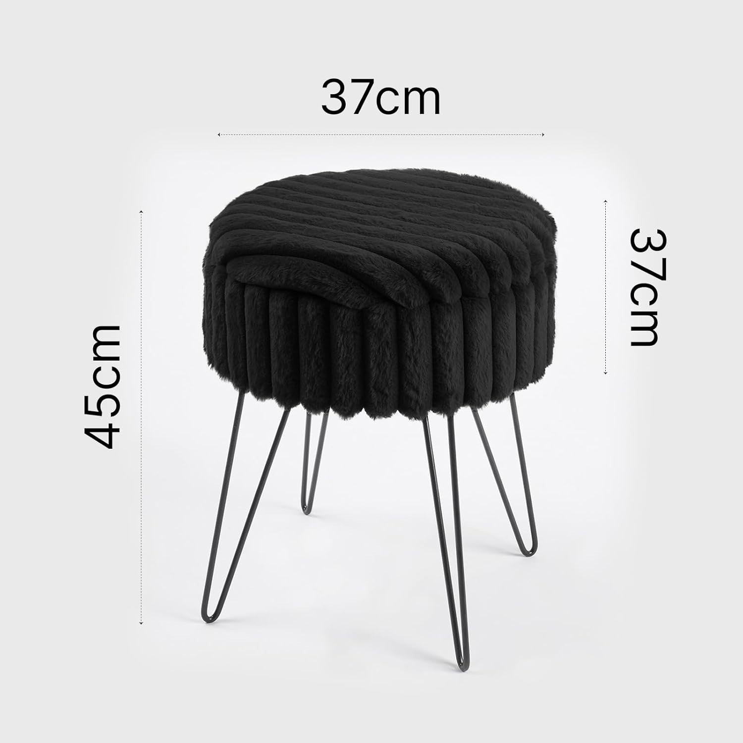 Black Faux Fur Storage Stool Round Footrest Hairpin Leg Ottoman Seat