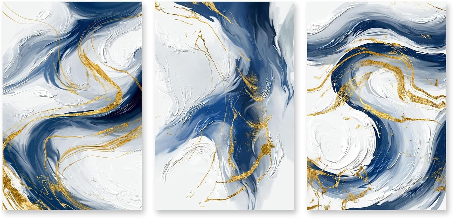 Blue Gold Abstract Canvas Wall Art Set 3 60x40cm Prints