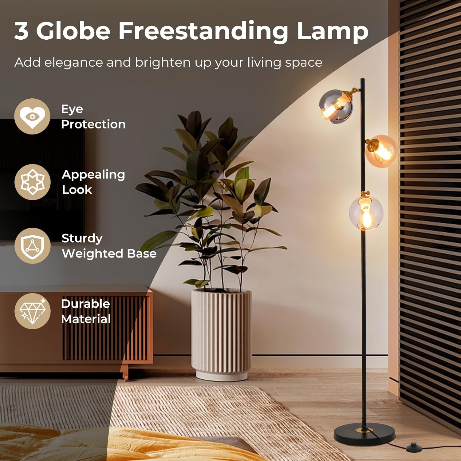 3 Light Floor Lamp Industrial Tree Standing Lamp Glass Shades E27 Tall