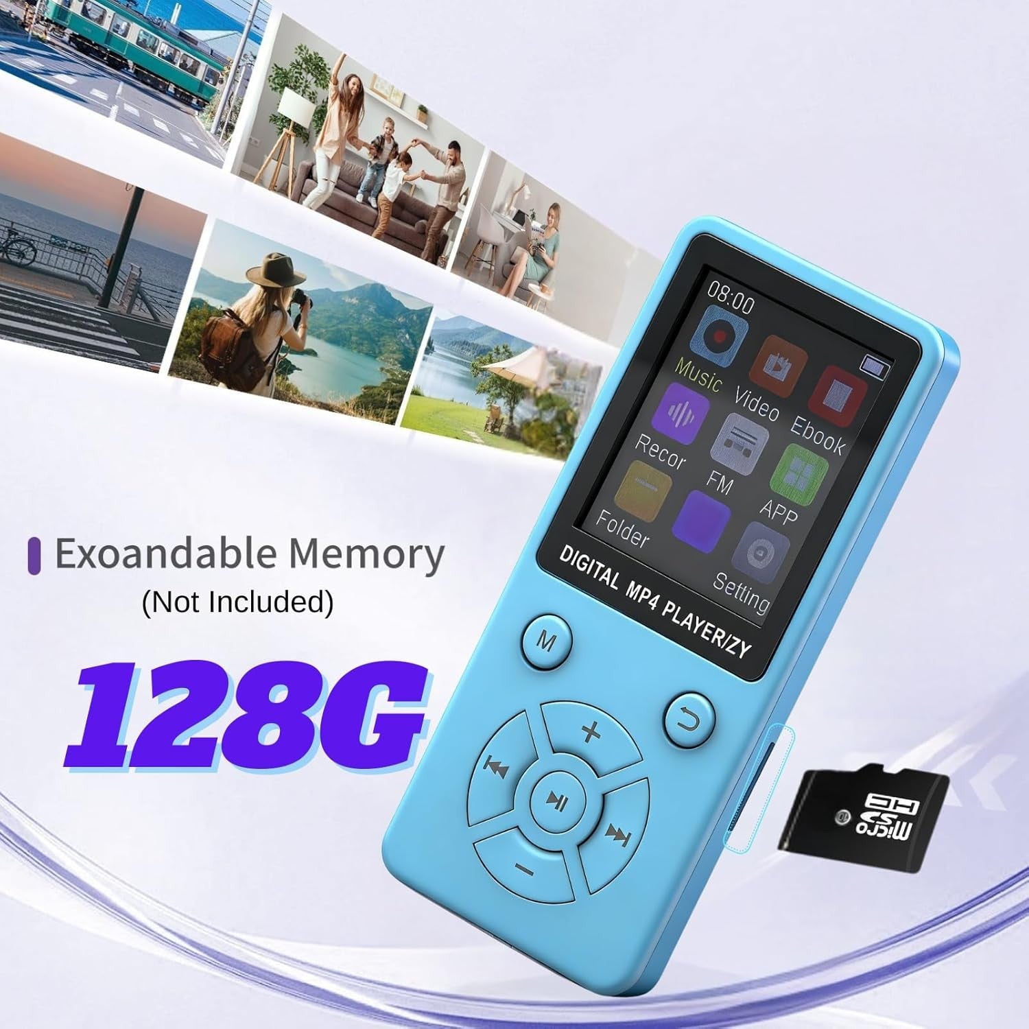 64GB Bluetooth 5.0 MP3 MP4 Player 1.8" LCD FM Radio Blue