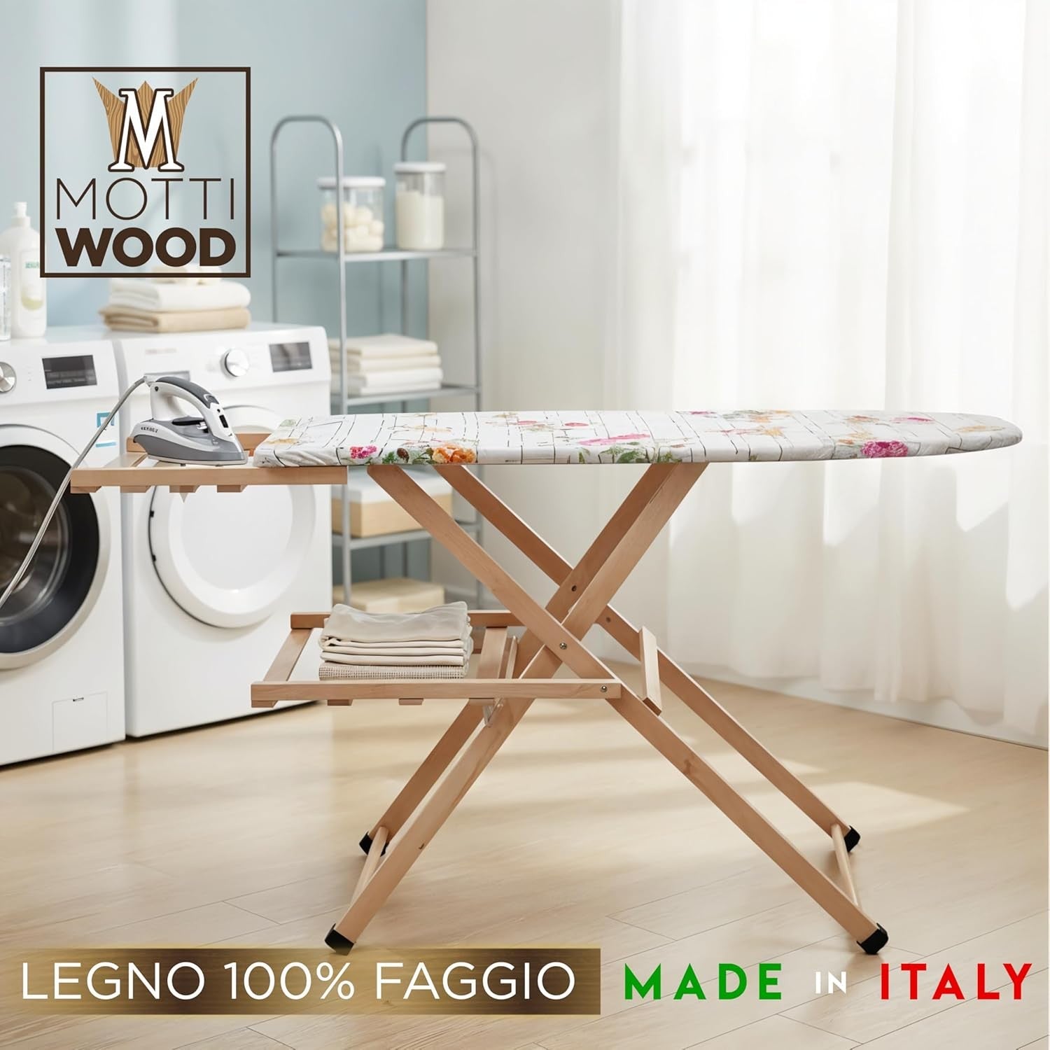 Wooden Ironing Board Adjustable Height Foldable Beech Wood Boiler Holder