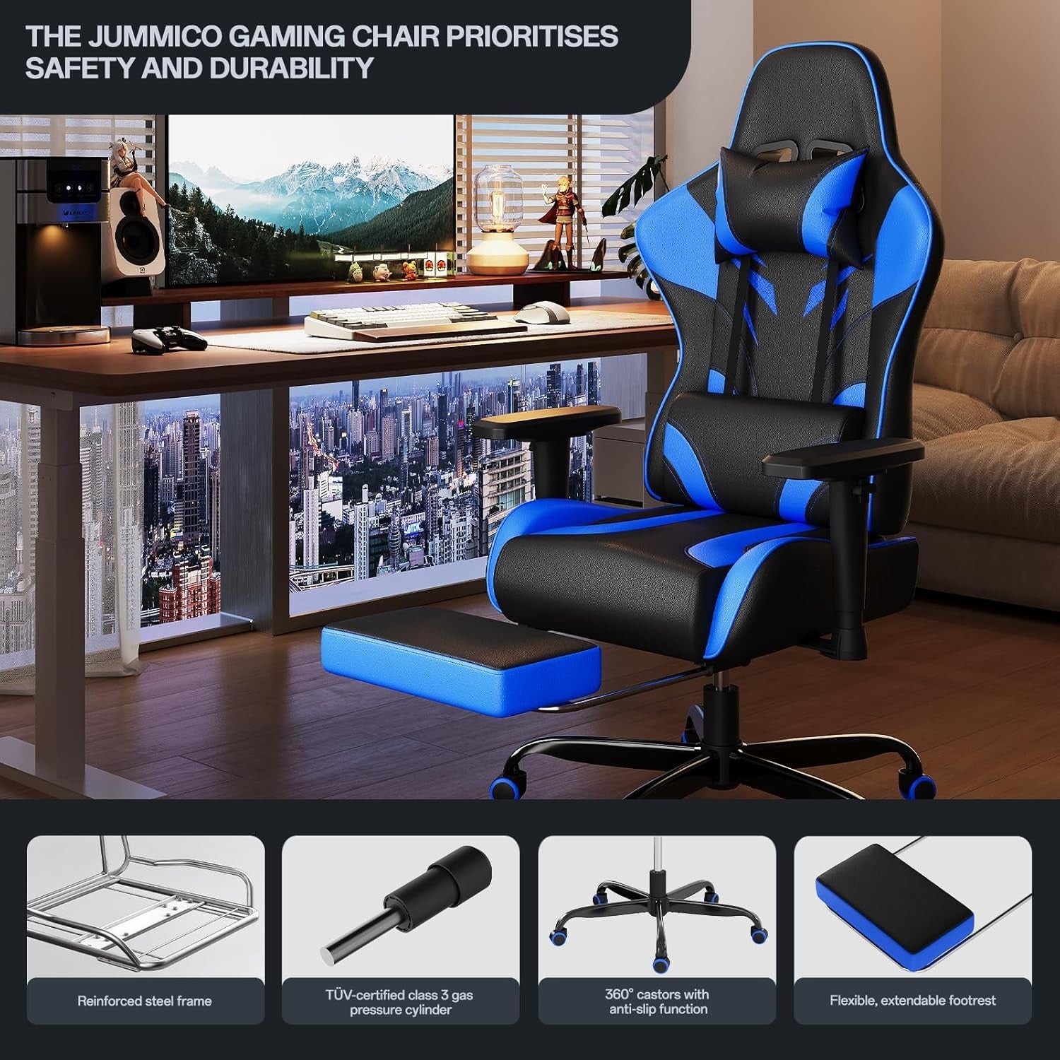 Ergonomic Gaming Chair w/ Footrest 2D Armrests PU Leather Blue
